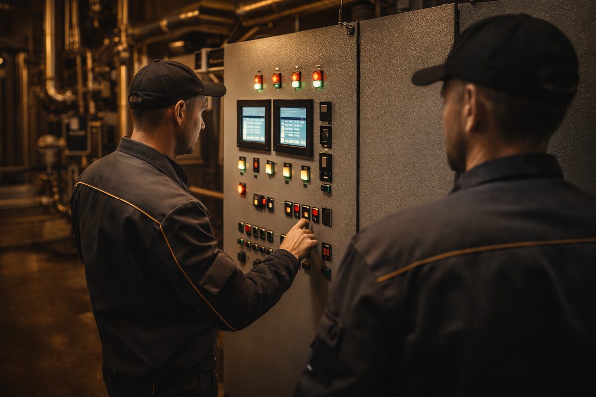 Technici Lubská Kalora u řídícího panelu kotelny